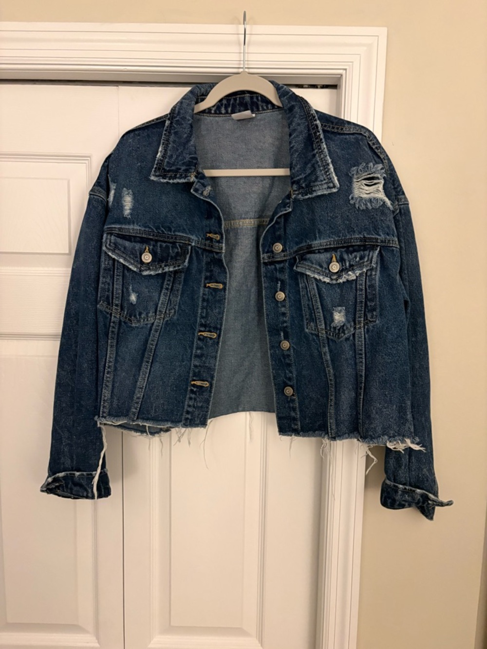 No Boundaries Dark Blue Distressed Cropped Denim Jacket